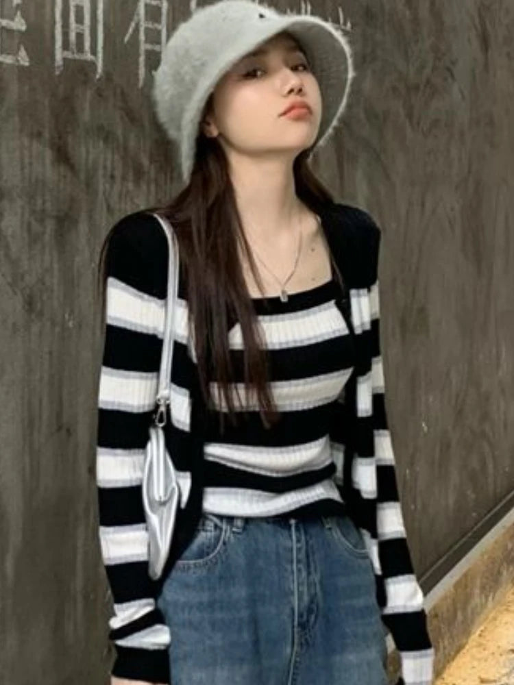 Women Sets Crop Tops Camis Long Sleeve Striped Cardingan Knitted