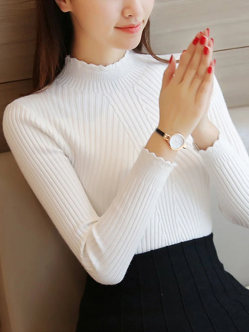 2024 Autumn Women Mock Neck Ruffles Sweater Long Sleeve Knitted