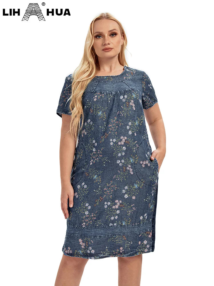 Damen Plus Size Jeanskleid elegantes Kleid für mollige Frauen