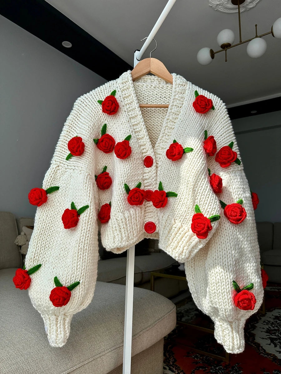 Women Knit Cardigan Fall Winter Warm Long Sleeve Flowers Button