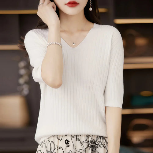 2024 Women Sweater Short Sleeve Spring Summer Knitwears Korean Fashion