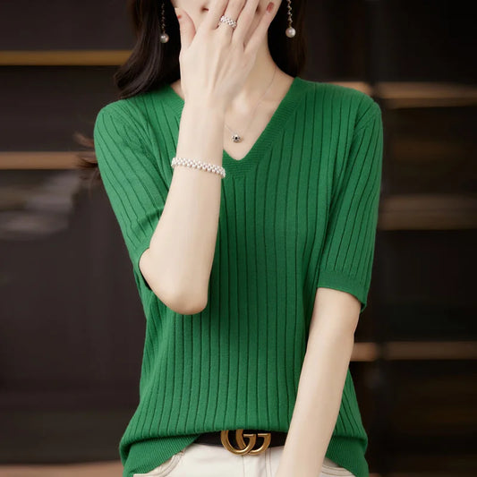 2024 Women Sweater Short Sleeve Spring Summer Knitwears Korean Fashion