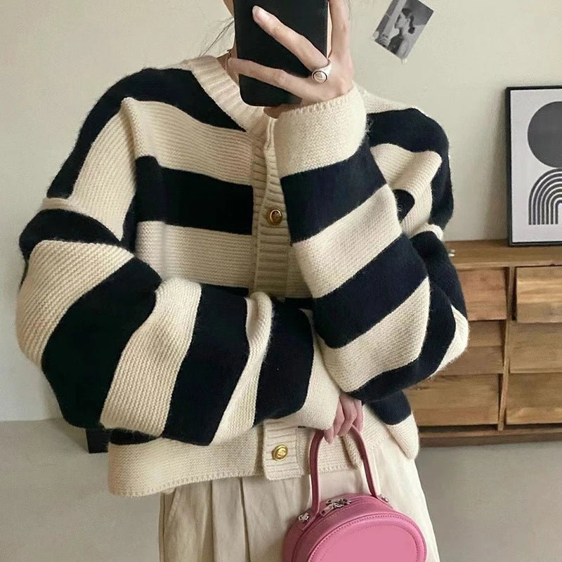 Striped Knitted Cardigans Women 2023 Autumn Winter Button Up Loose