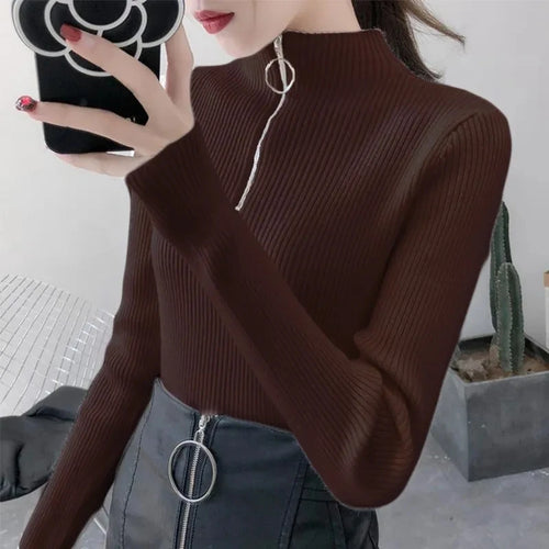 Knitted Women Zipper Half High Neck Sweater Pullovers Autumn Winter