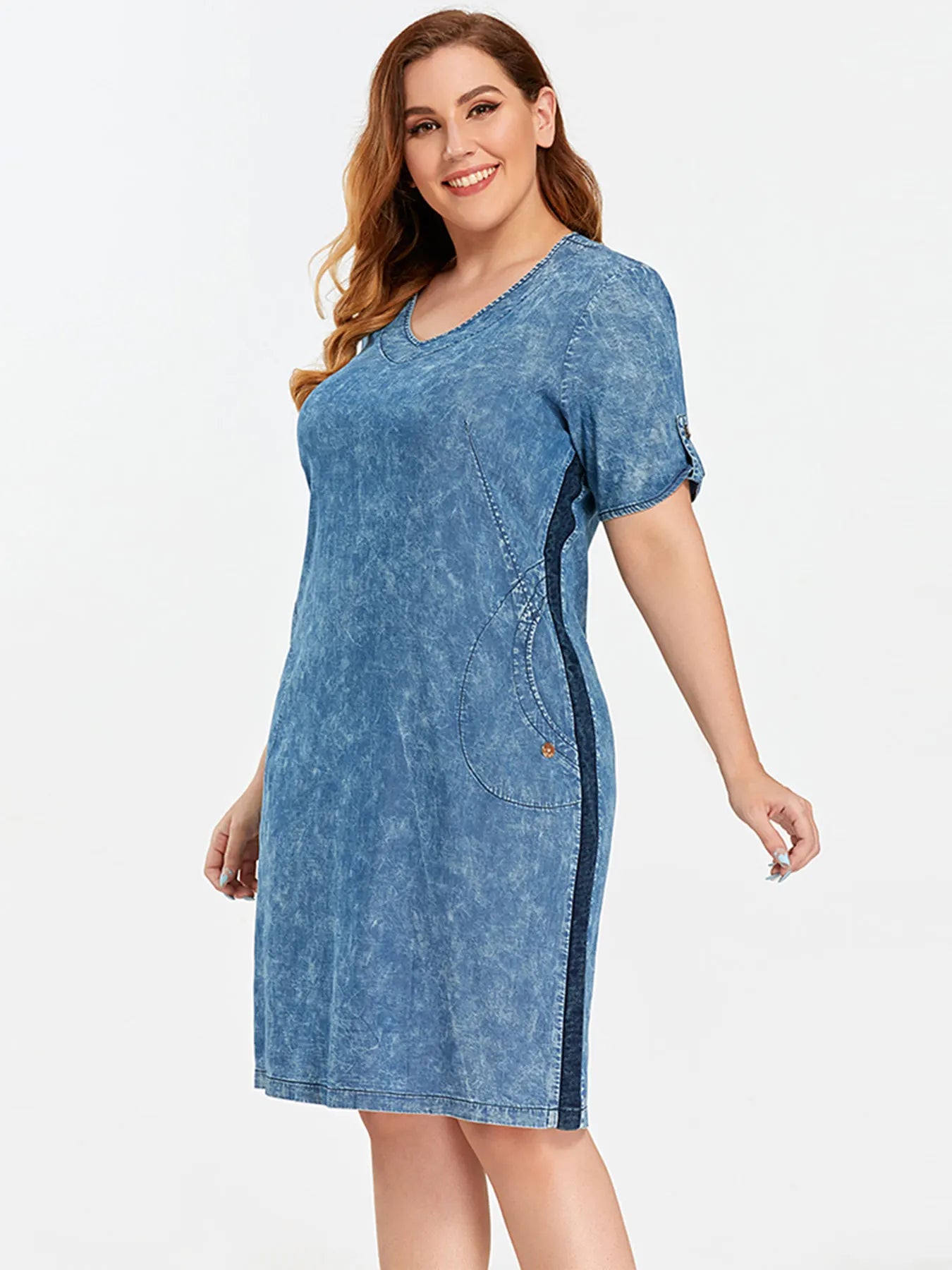 Damen Plus Size Denim Kleid Baumwolle kurze Ärmel