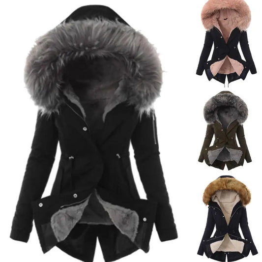 Warm Winter Women Faux Fur Hooded Cotton Down Jacket Casual Outwear