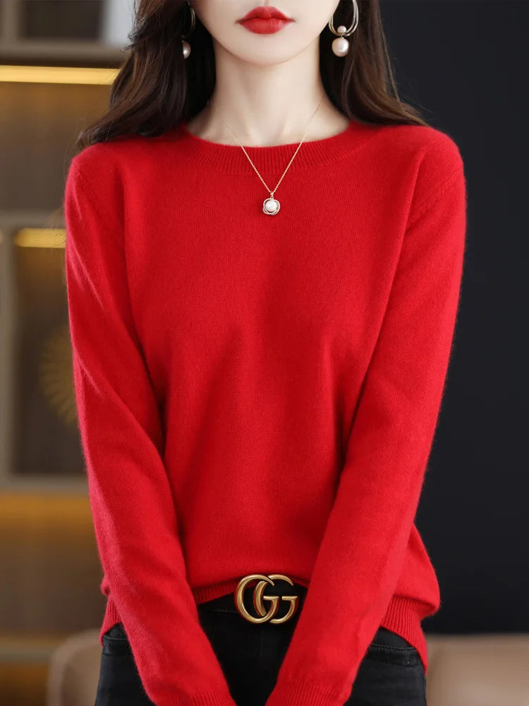 Fashion 100% Merino Wool Sweater Cashmere Pullover O-Neck Long Sleeve