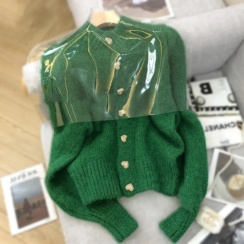 Green Knitted Cardigan  Sweaters Autumn Half High Collar Sweet Casual