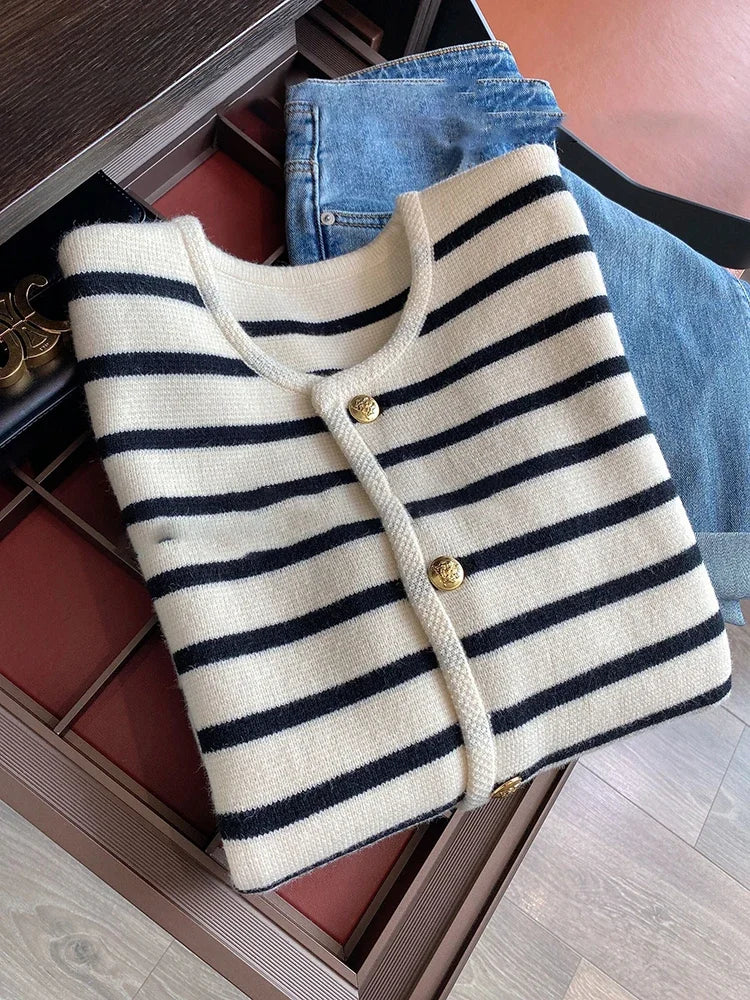 New Spring Autumn Y2k Sweaters O-neck Stripe Knitted Cropped Cardigan