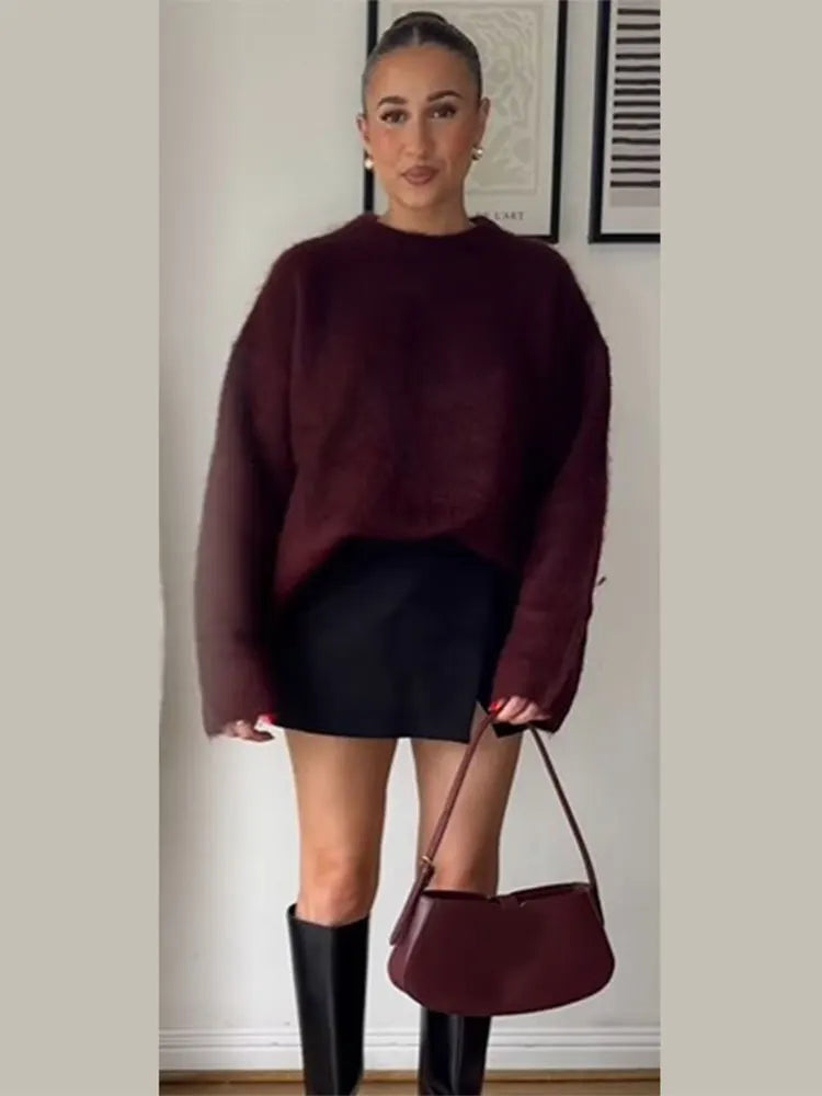 Elegant Red Round Neck Knitted Pullover For Women Fashion Long Sleeves