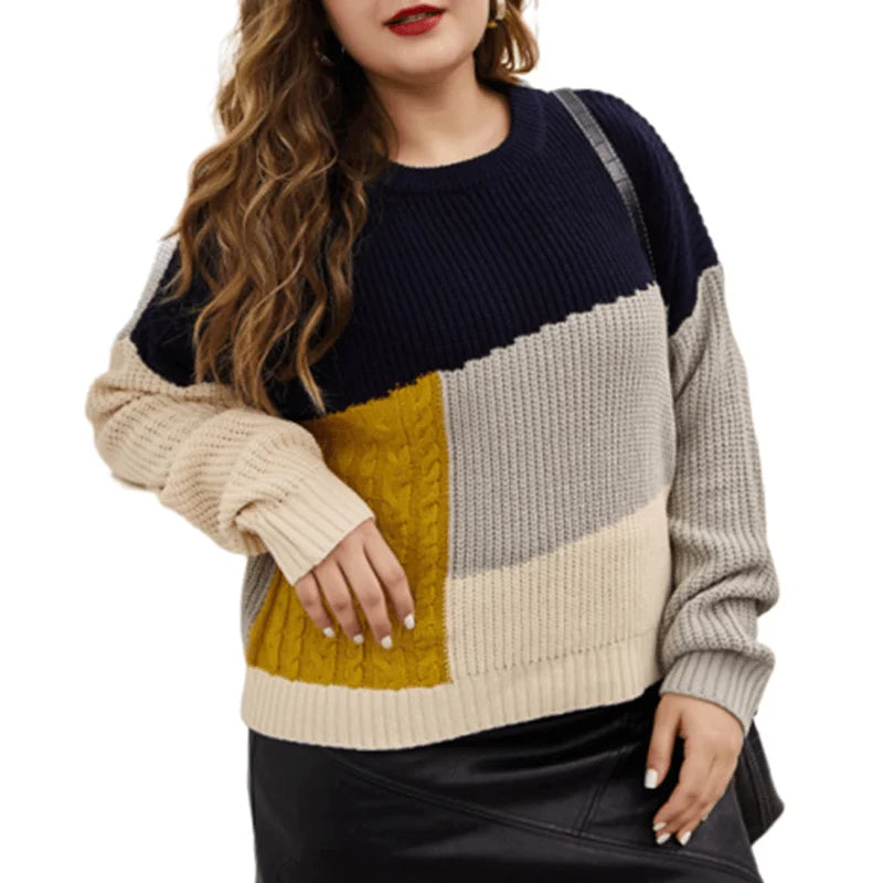 Eleganter Damen Patchwork Pullover  mit langen Armen