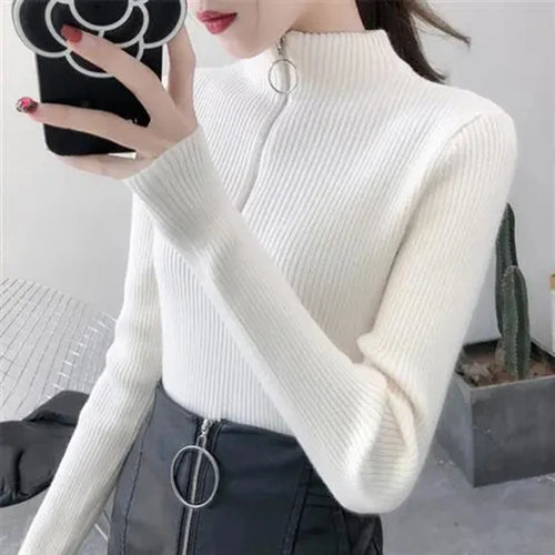 Knitted Women Zipper Half High Neck Sweater Pullovers Autumn Winter