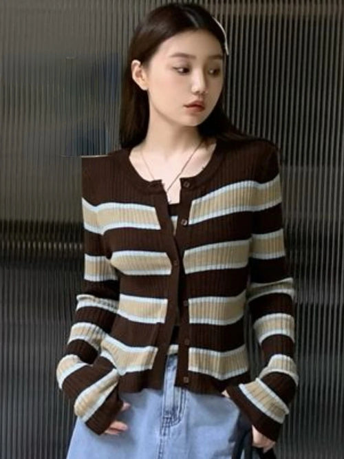 Women Sets Crop Tops Camis Long Sleeve Striped Cardingan Knitted