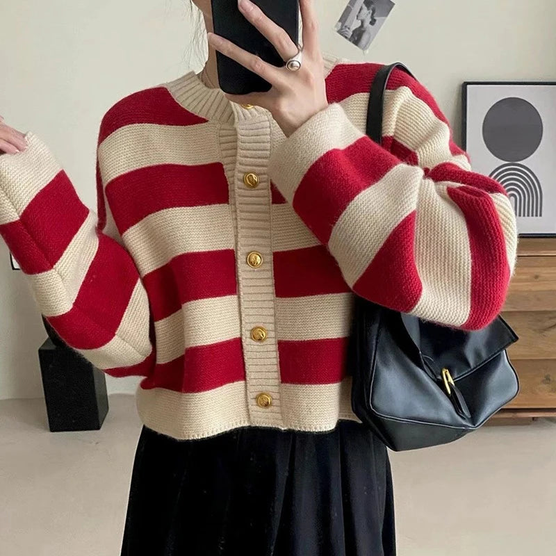 Striped Knitted Cardigans Women 2023 Autumn Winter Button Up Loose