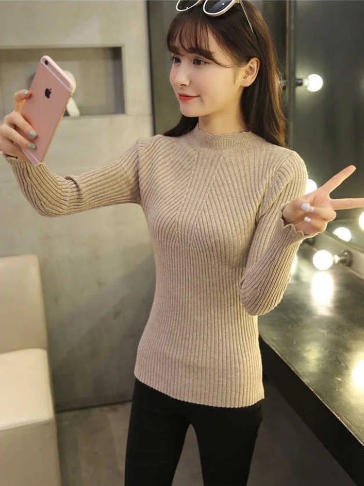 2024 Autumn Women Mock Neck Ruffles Sweater Long Sleeve Knitted