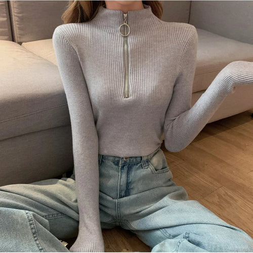 Knitted Women Zipper Half High Neck Sweater Pullovers Autumn Winter