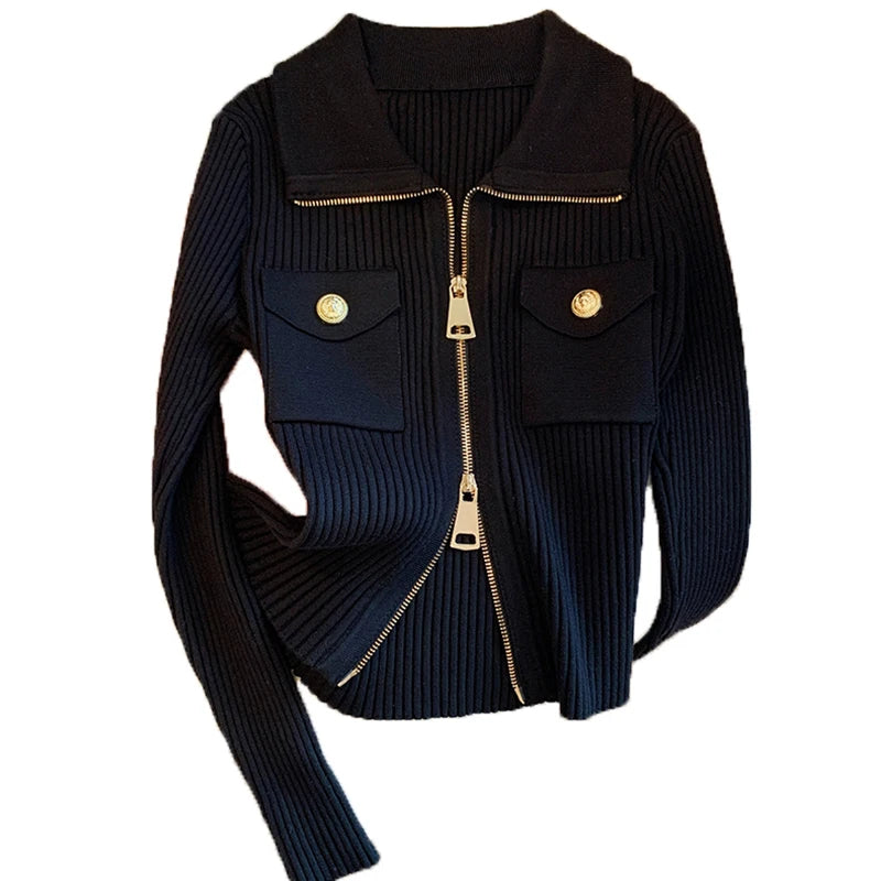 Women's Autumn/Winter Long Sleeve Sweater Elegant Gold Button Zipper