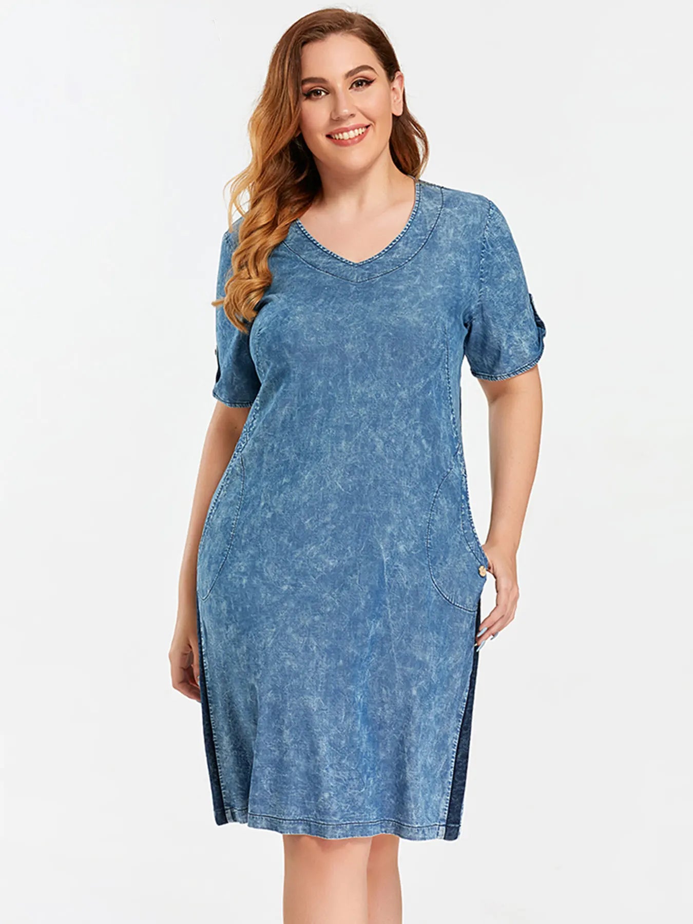 Damen Plus Size Denim Kleid Baumwolle kurze Ärmel