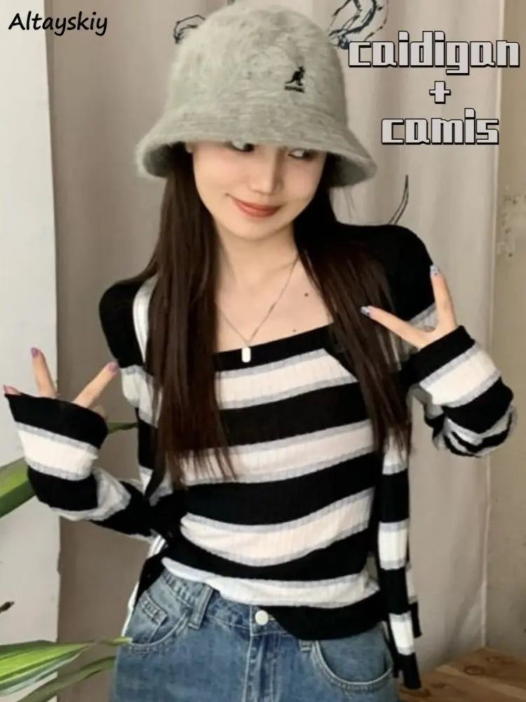 Women Sets Crop Tops Camis Long Sleeve Striped Cardingan Knitted