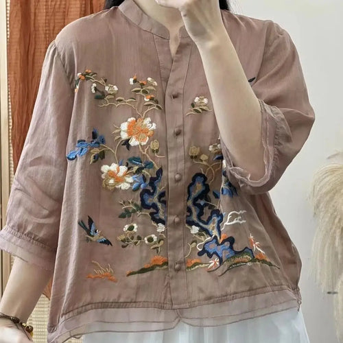 High-end Cotton and Linen Tops Female 2024 Summer New Embroidered