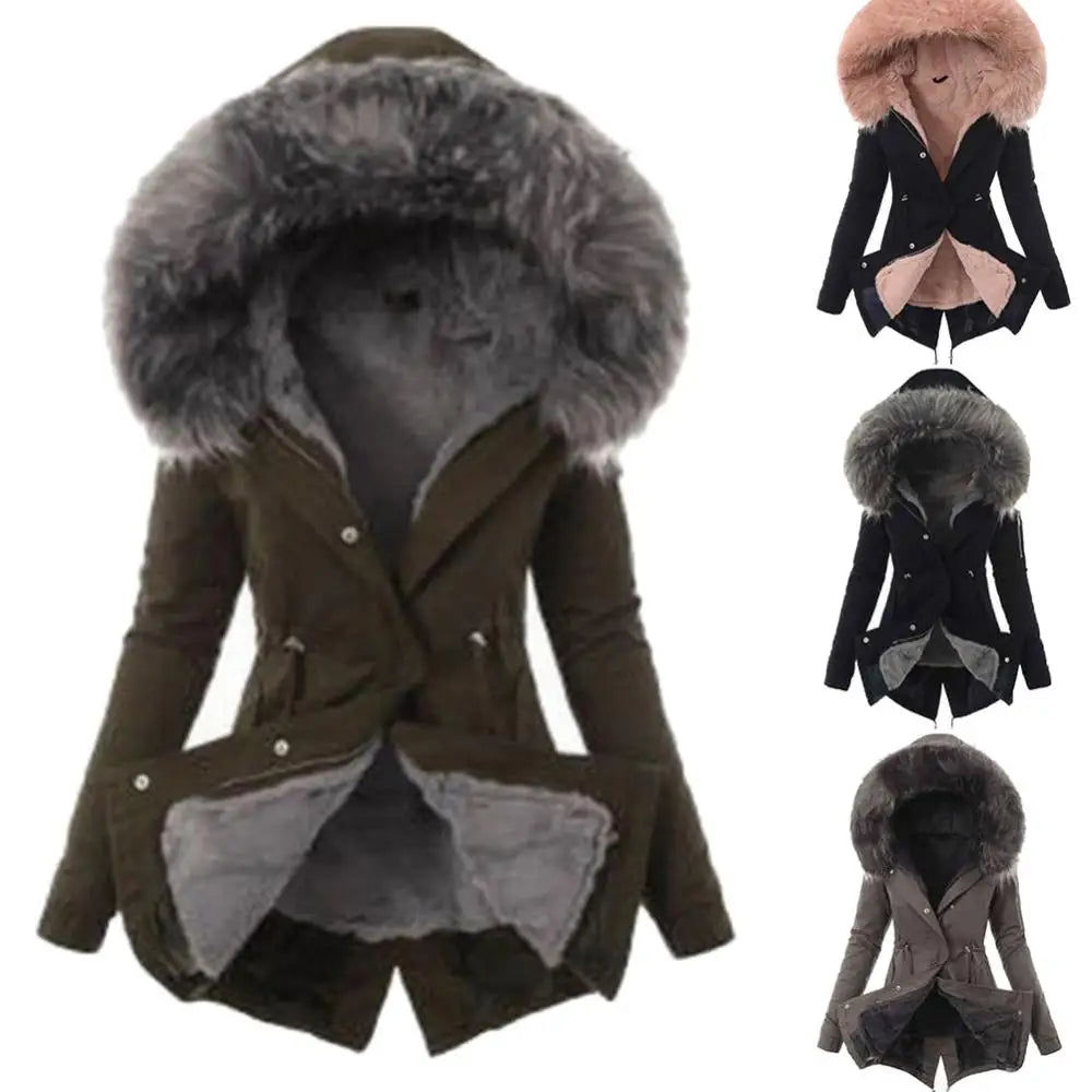 Warm Winter Women Faux Fur Hooded Cotton Down Jacket Casual Outwear