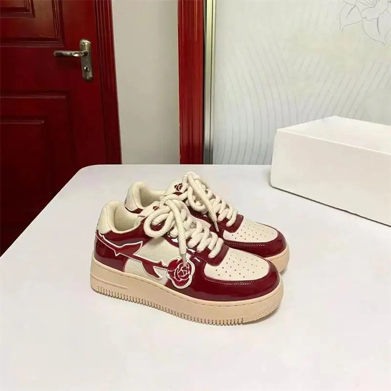 Vintage Red Rose Sneakers Women Athletic Pattern Niche Platform