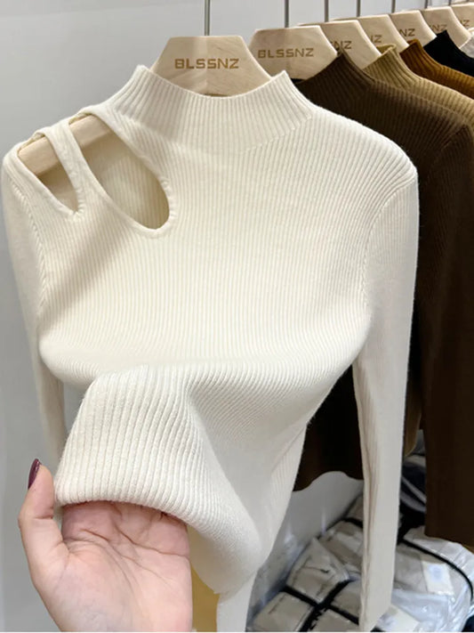 Turtleneck Knitted Women Sweater Ribbed Pullovers Autumn Winter Basic