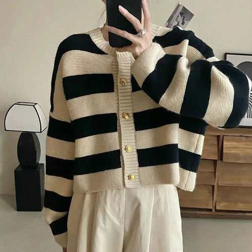 Striped Knitted Cardigans Women 2023 Autumn Winter Button Up Loose