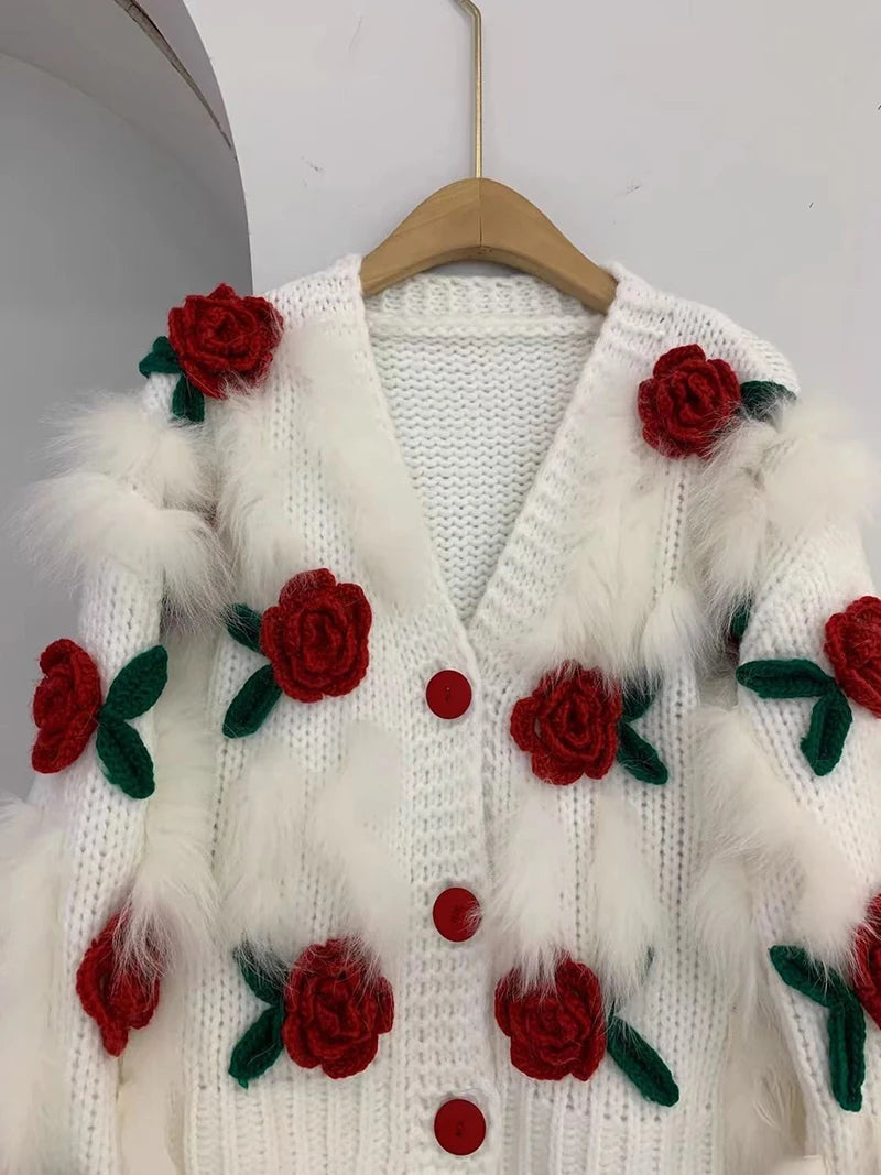 Harajuku Cropped Knitted Cardigan Women Y2K 3D Flower Sweater Coat Streetwear Oversized Knitwear Jacket Winter Jumpers Outwear