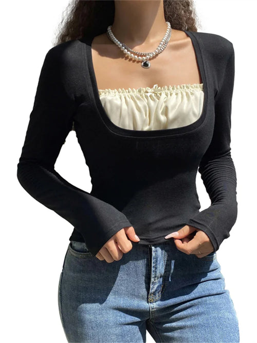 Y2k Women's Long Sleeve Knitted Tops Lace Stitching Neckline Knitwear