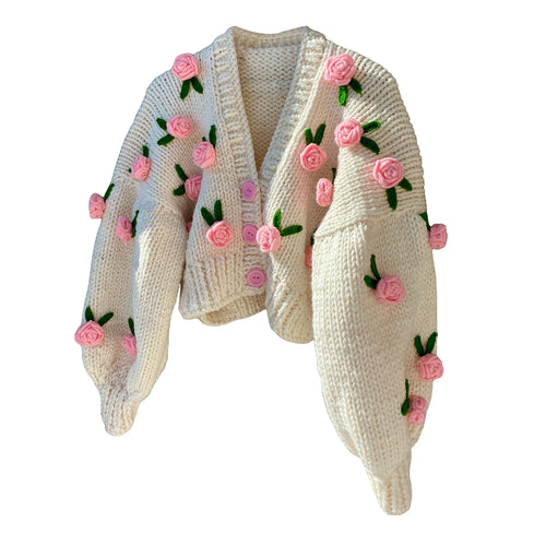 Women Knit Cardigan Fall Winter Warm Long Sleeve Flowers Button