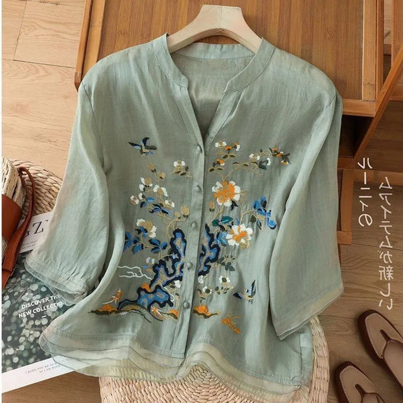 High-end Cotton and Linen Tops Female 2024 Summer New Embroidered