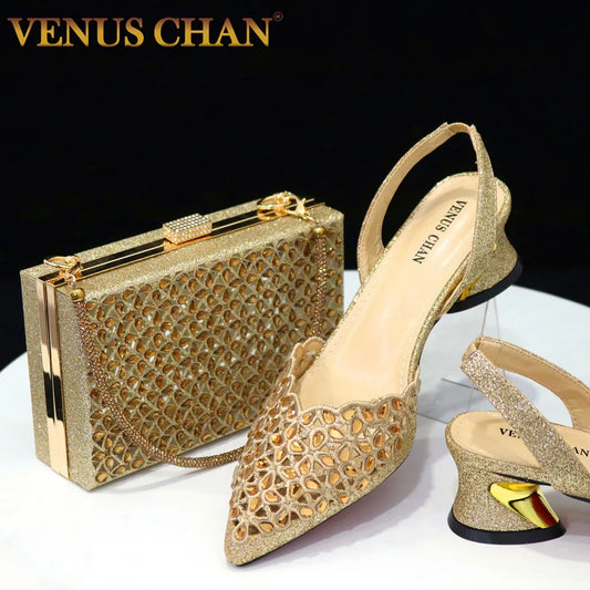 Venus Chan Low Heel Shoes for Women Hollowed Out Embroidery Rhinestone