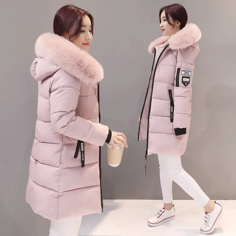 2024 Winter Women Parka Coats Long Cotton Casual Fur Hooded Jackets