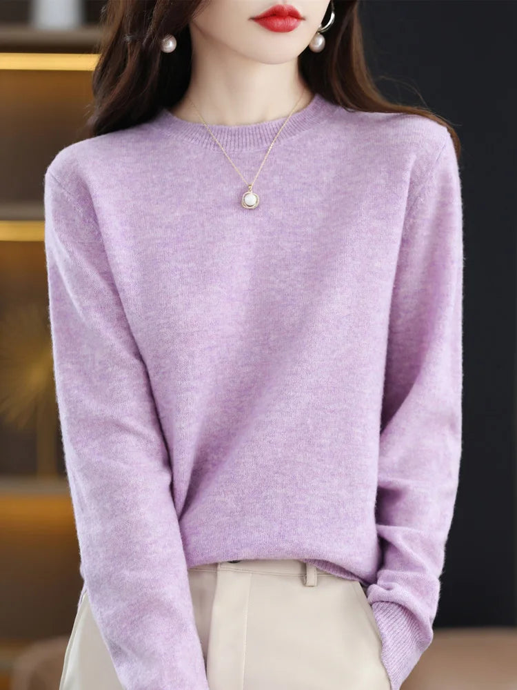 Fashion 100% Merino Wool Sweater Cashmere Pullover O-Neck Long Sleeve