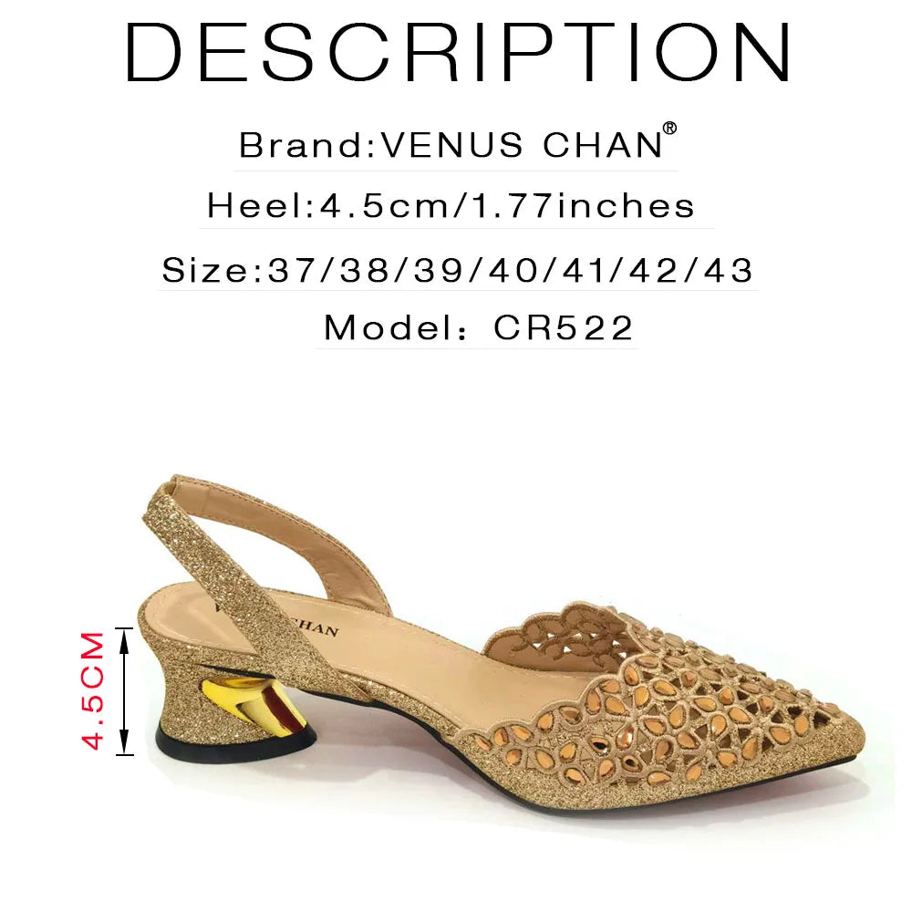 Venus Chan Low Heel Shoes for Women Hollowed Out Embroidery Rhinestone