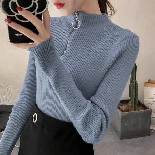 Knitted Women Zipper Half High Neck Sweater Pullovers Autumn Winter