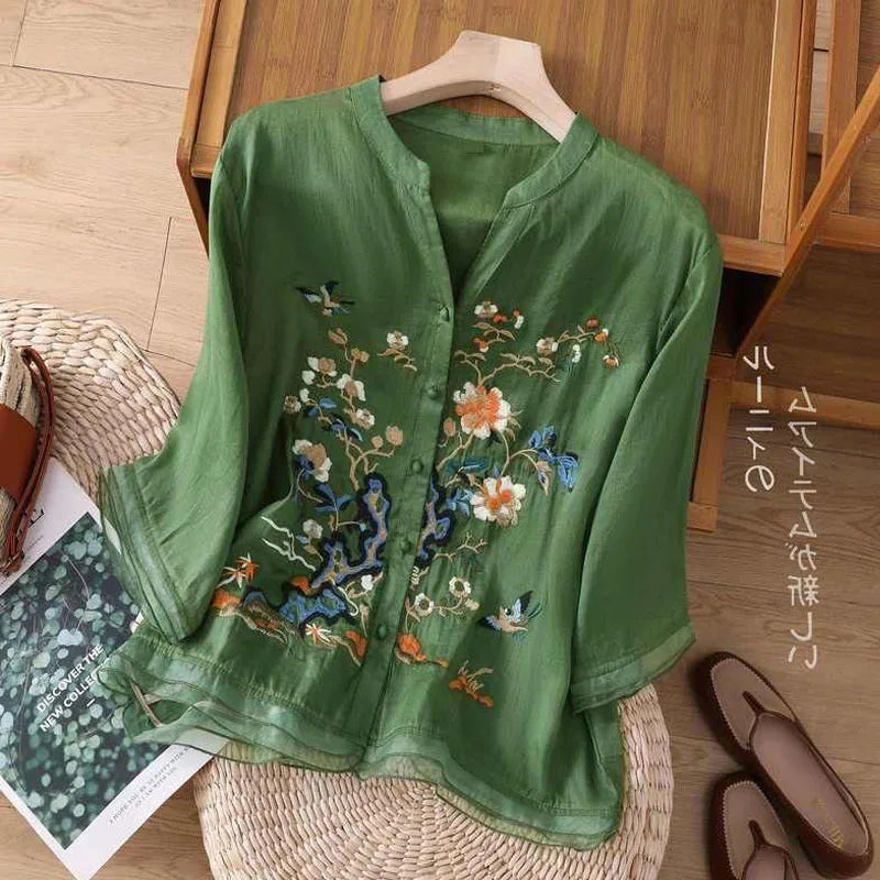 High-end Cotton and Linen Tops Female 2024 Summer New Embroidered