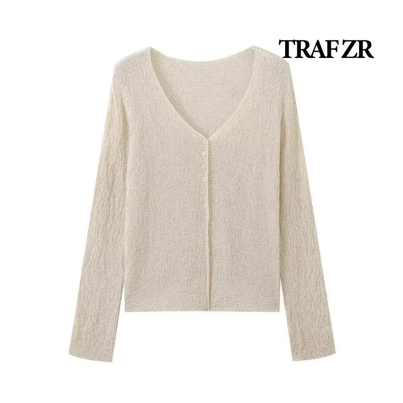 TRAF ZR Women's Cardingan Elegant Y2k Vintage Top Summer Knitwear Long