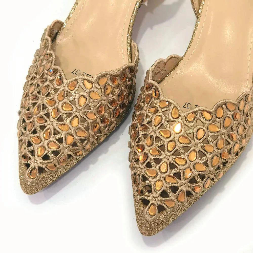 Venus Chan Low Heel Shoes for Women Hollowed Out Embroidery Rhinestone