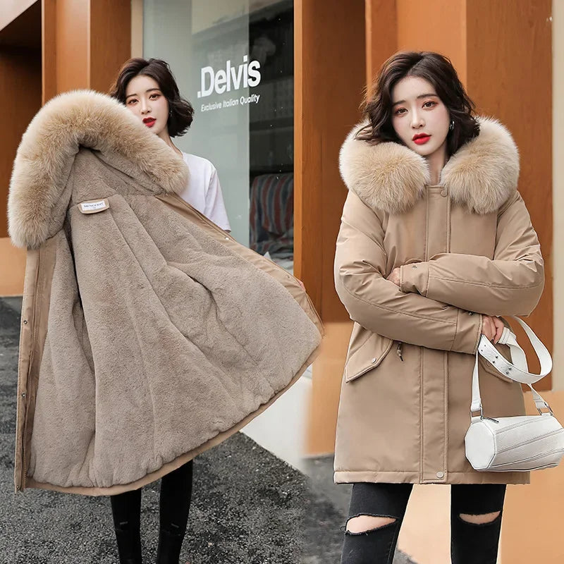 Women Parka Fashion Long Coat Wool Liner Hooded Parkas 2024 New Winter