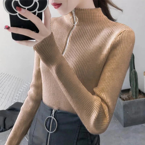 Knitted Women Zipper Half High Neck Sweater Pullovers Autumn Winter