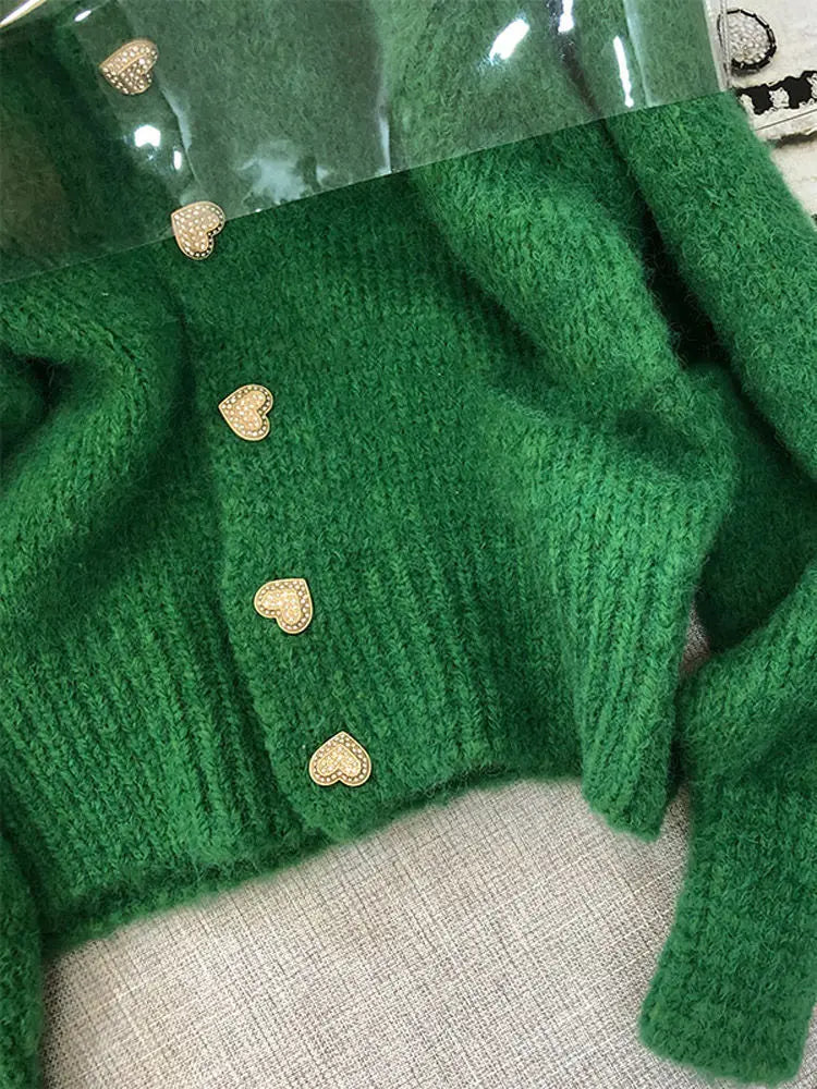 Green Knitted Cardigan  Sweaters Autumn Half High Collar Sweet Casual